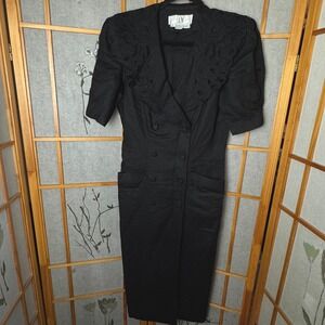 Vintage Nancy Johnson Black Ramie Cotton Lace Collar Double Breasted Dress 8